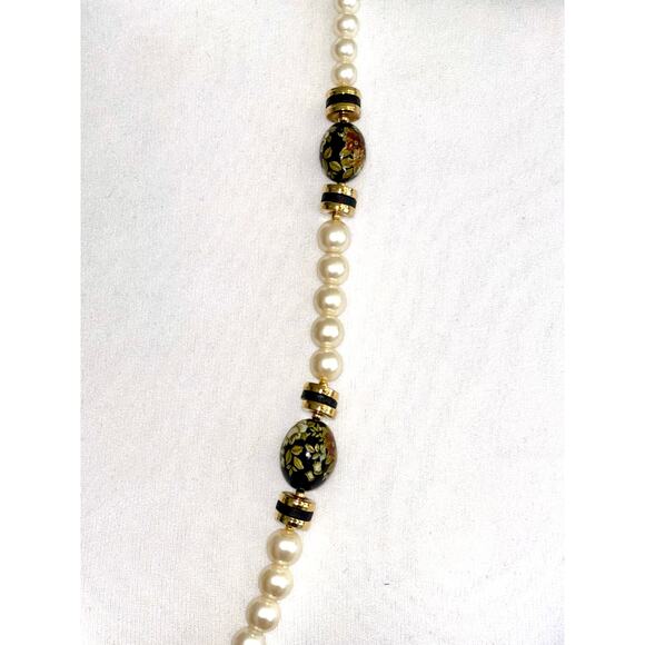 Vintage Japanese Faux Pearl Enamel Floral Beaded Statement Necklace - Picture 6 of 9
